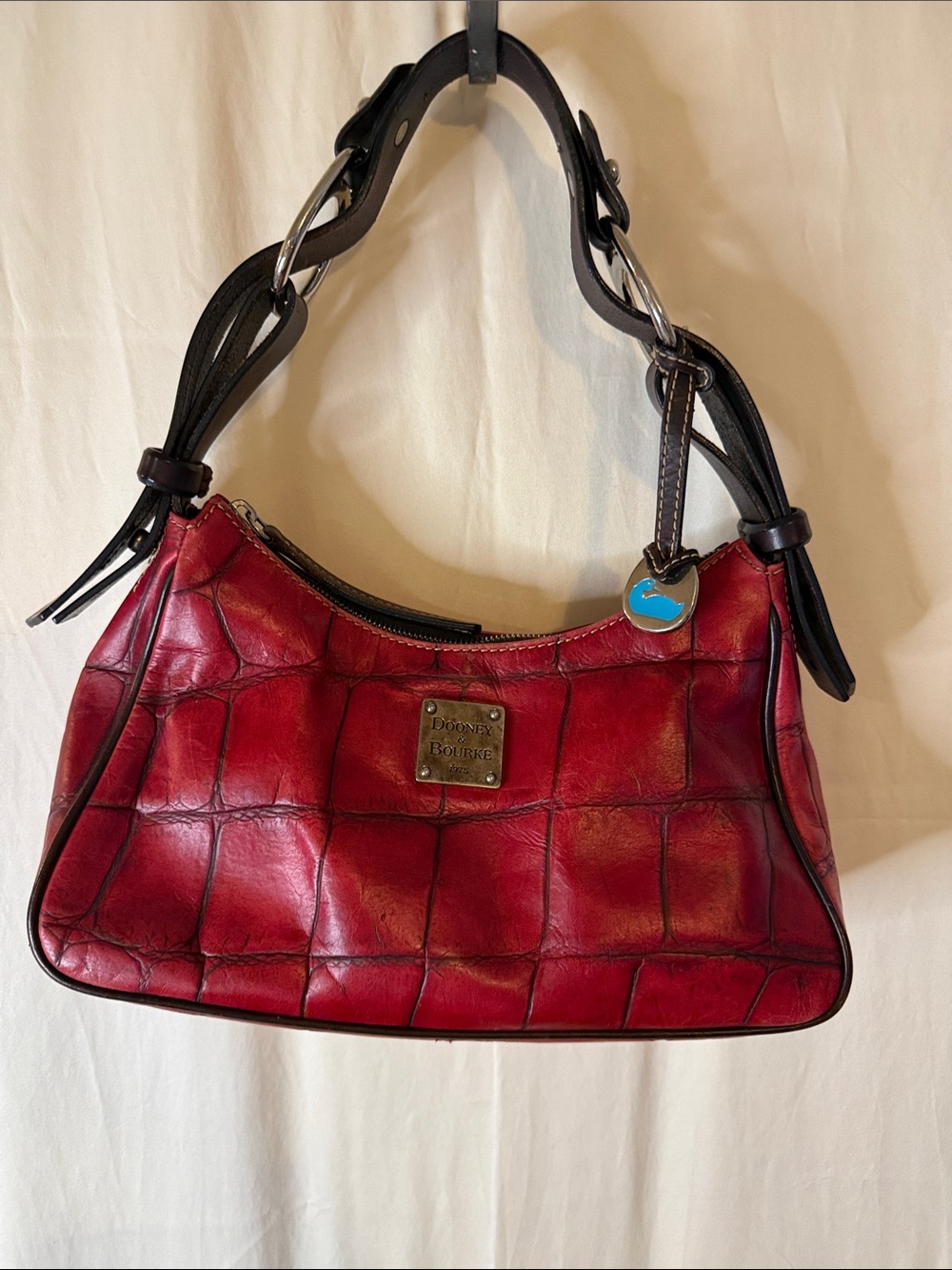 Dooney & Bourke Red Croc-Embossed Shoulder Bag with Black Strap
